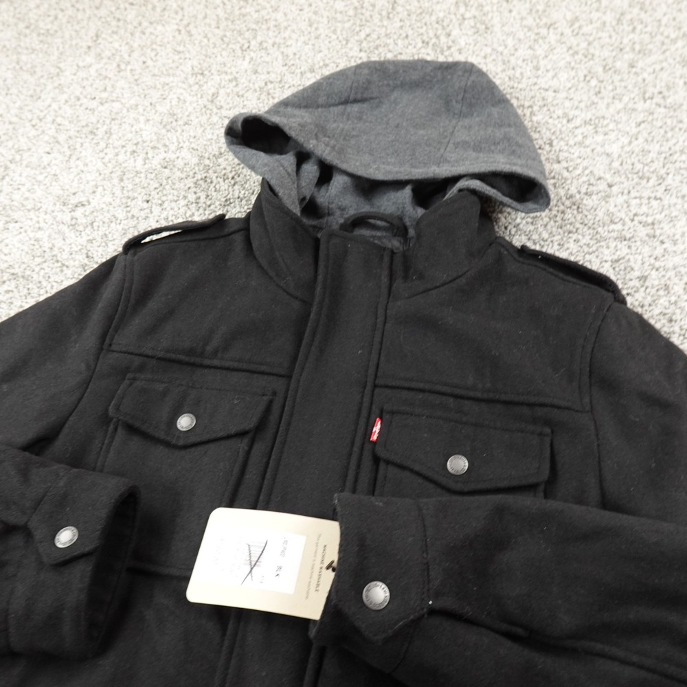 NEW Levis Jacket Mens S Black Wool Hooded Trucker Quilted Lined Work Chore‎ Coat